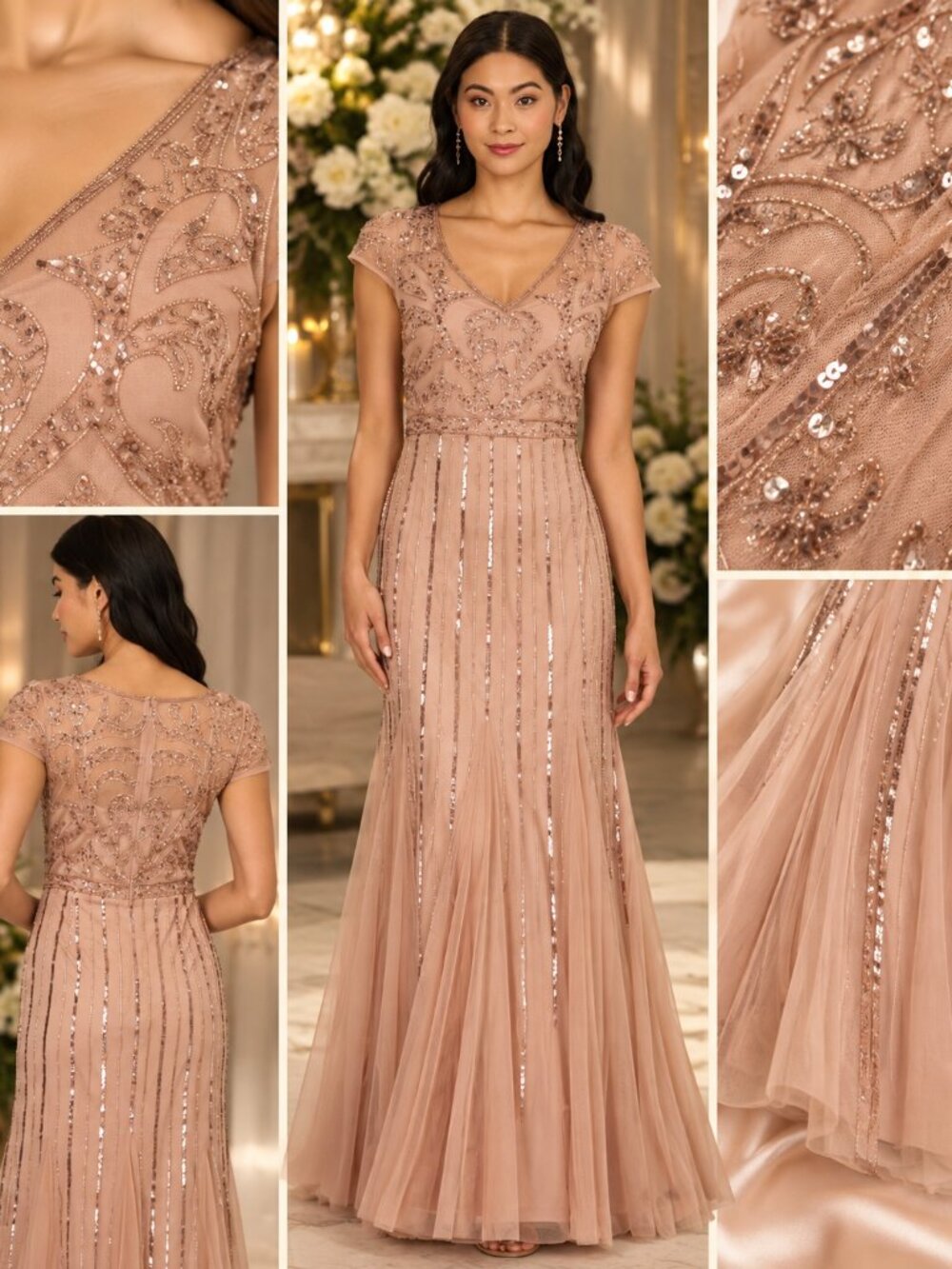Adrianna Papell Rose Gold Beaded Sequin V Neck Godet Evening Gown Size 4 NWT